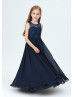 Navy Blue Lace Chiffon Simple Junior Bridesmaid Dress